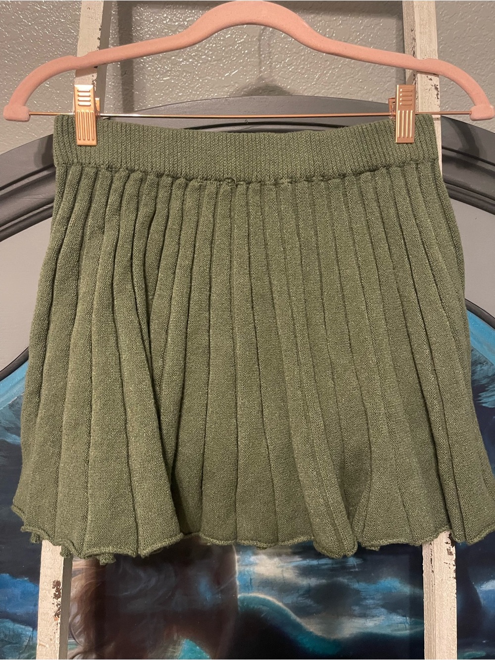 Olive Green Pleated Knit Mini Skirt